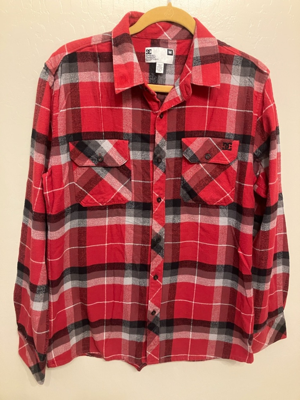 DC Men's Red and Black Plaid Button-Down Shirt